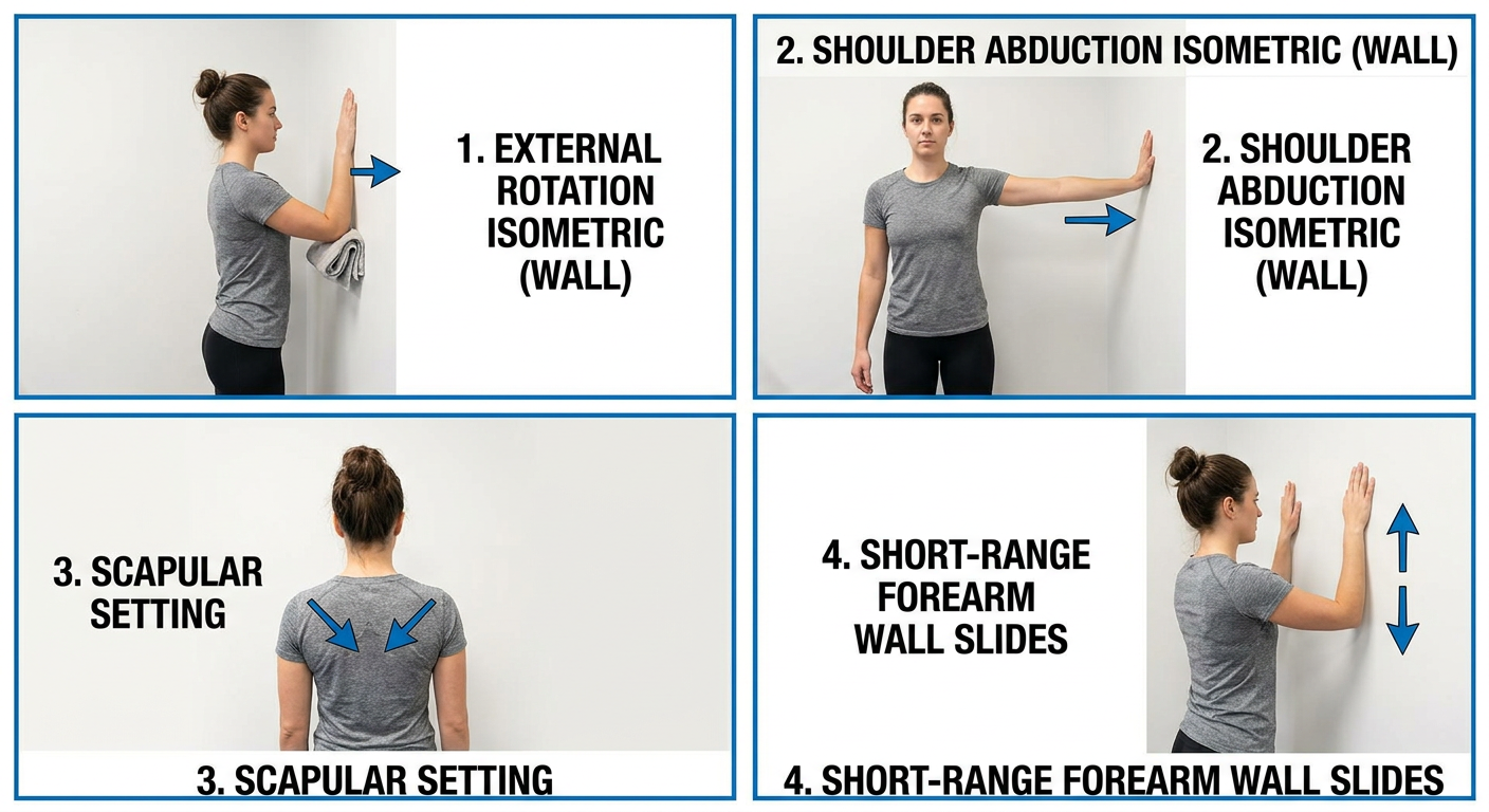 External rotation isometric, abduction isometric, scapular setting, and wall slides