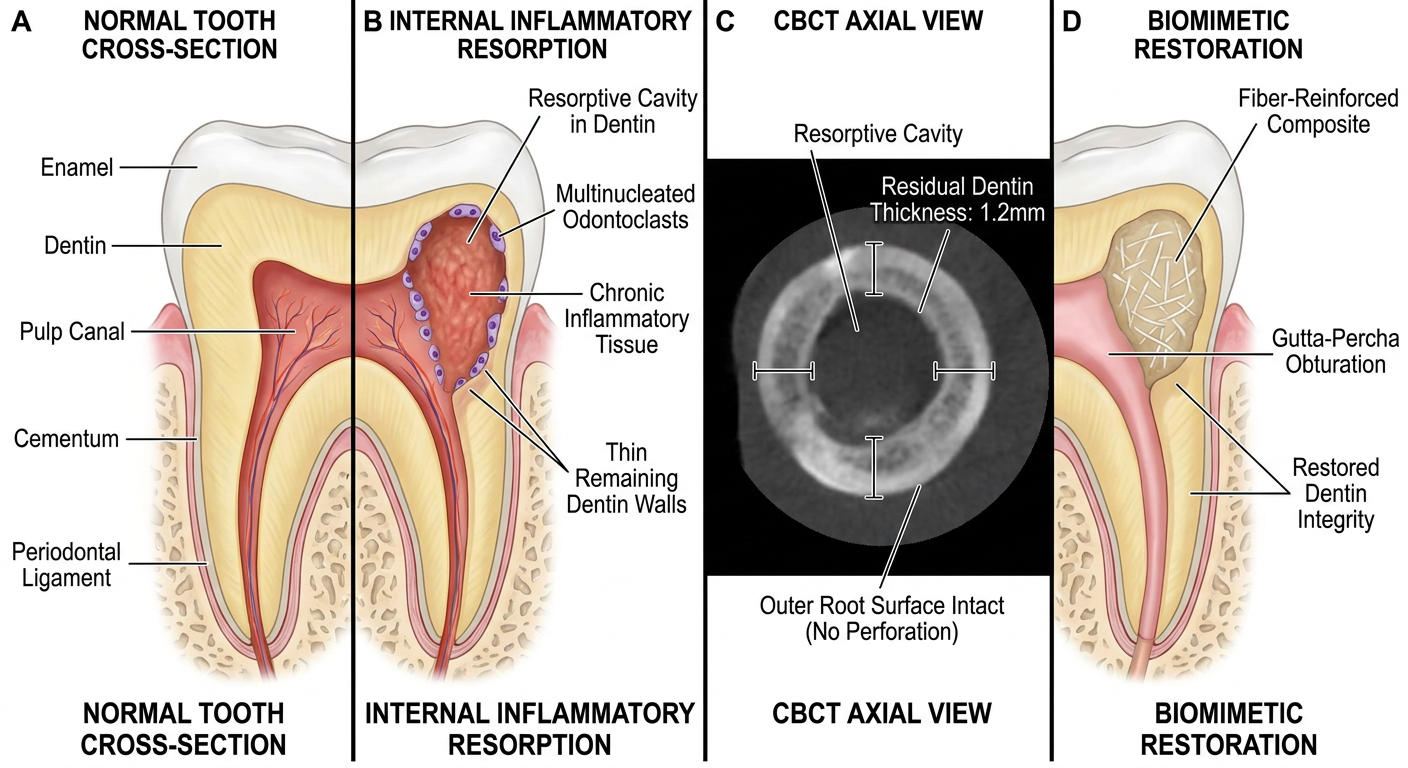 Diagram showing internal inflammatory resorption within dentin walls and fiber-reinforced composite restoration of the dentin defect