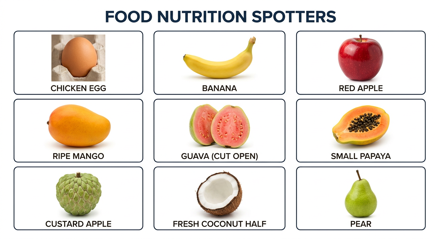 Egg, banana, apple, mango, guava, papaya, custard apple, coconut and pear-shaped fruit nutrition spotters