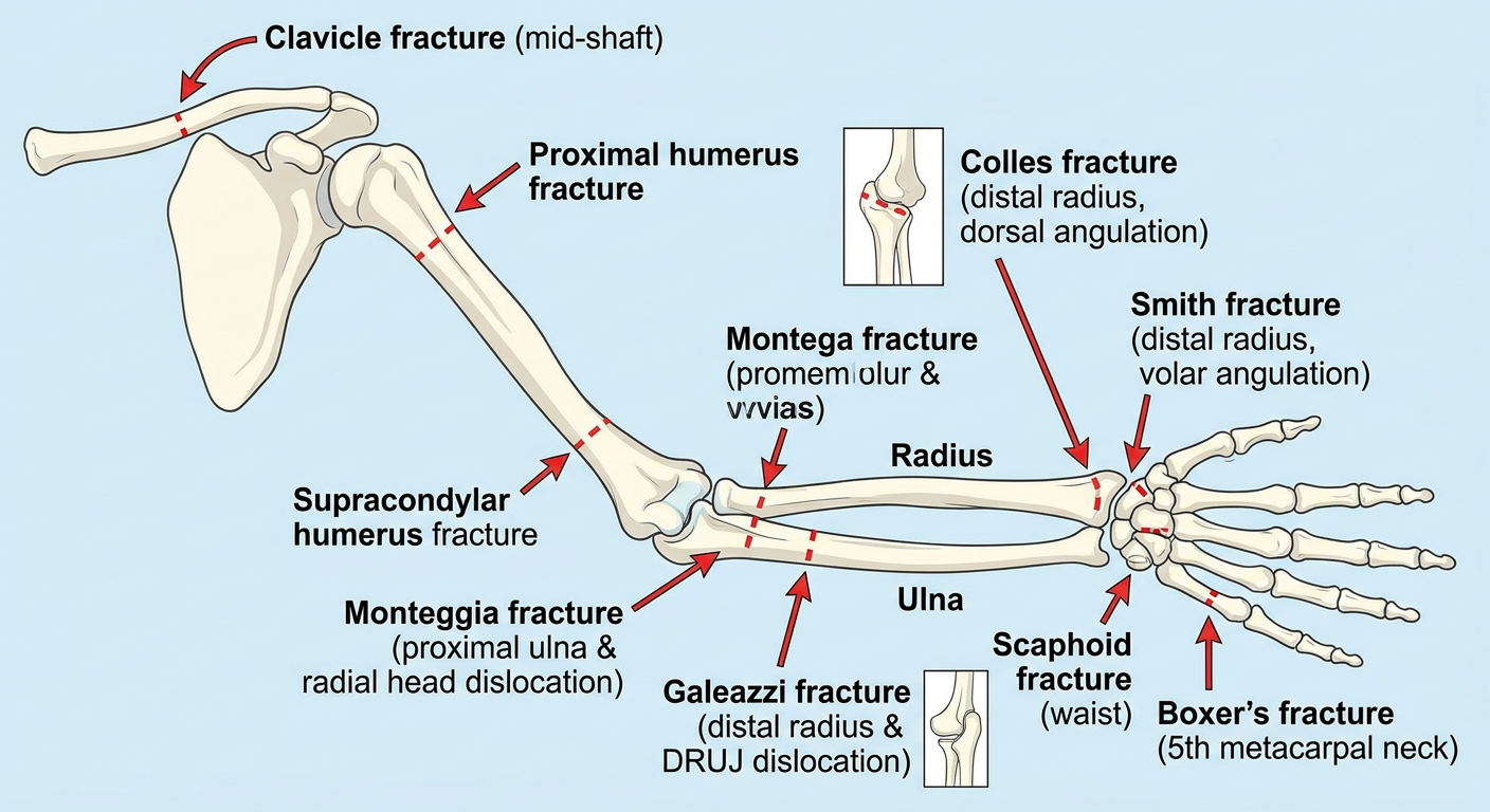 Upper limb fracture sites - labeled anatomical diagram