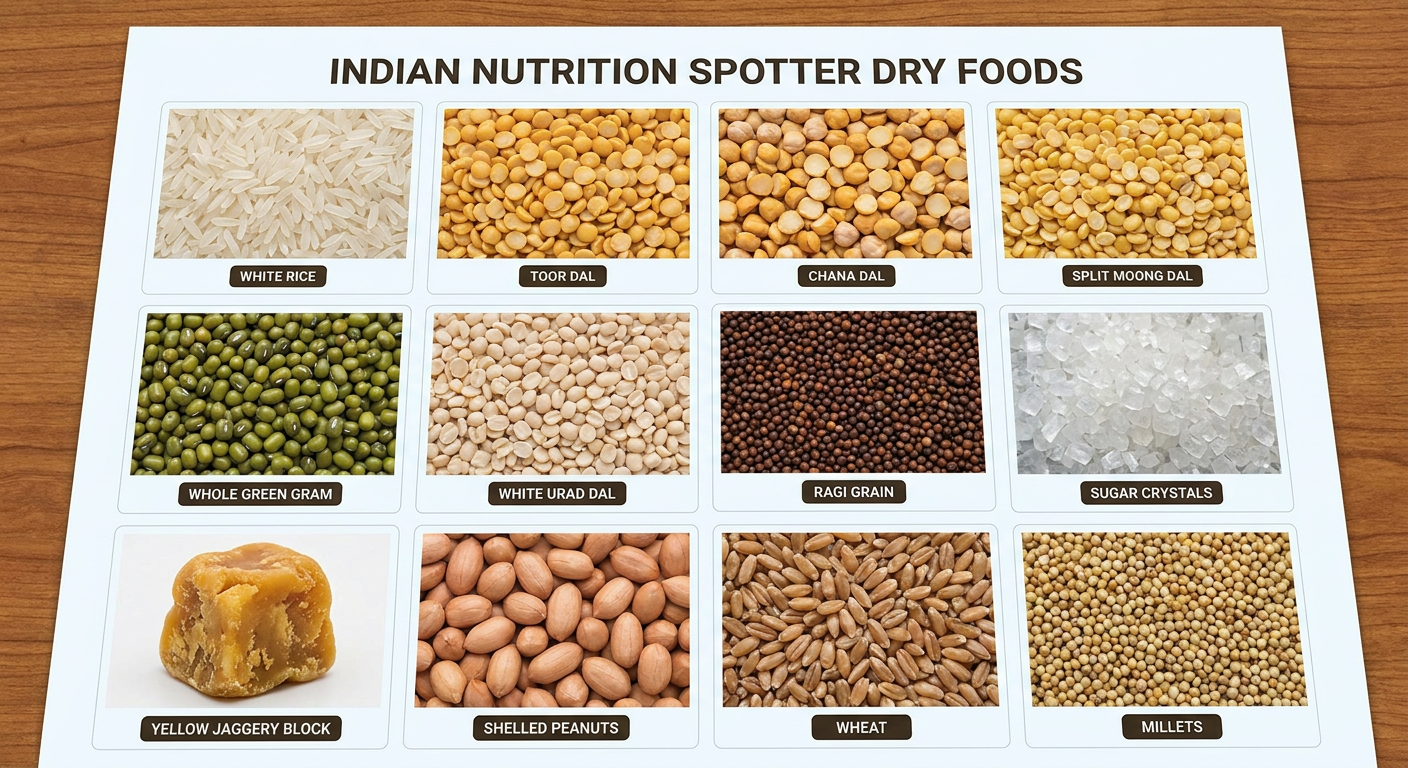 Indian pulse, cereal, sugar, jaggery and peanut nutrition spotters
