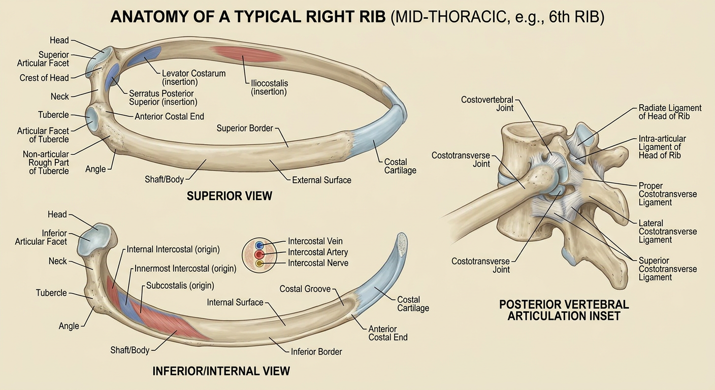 Annotated typical rib showing bony landmarks, intercostal neurovascular groove, muscle attachment areas, and costovertebral-costotransverse ligaments