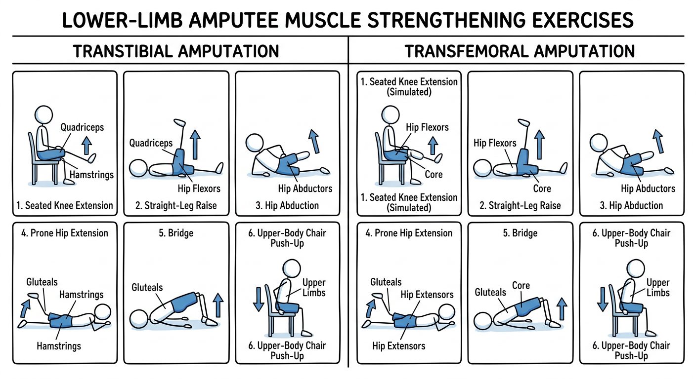 Stick diagrams of strengthening exercises for transtibial and transfemoral amputation