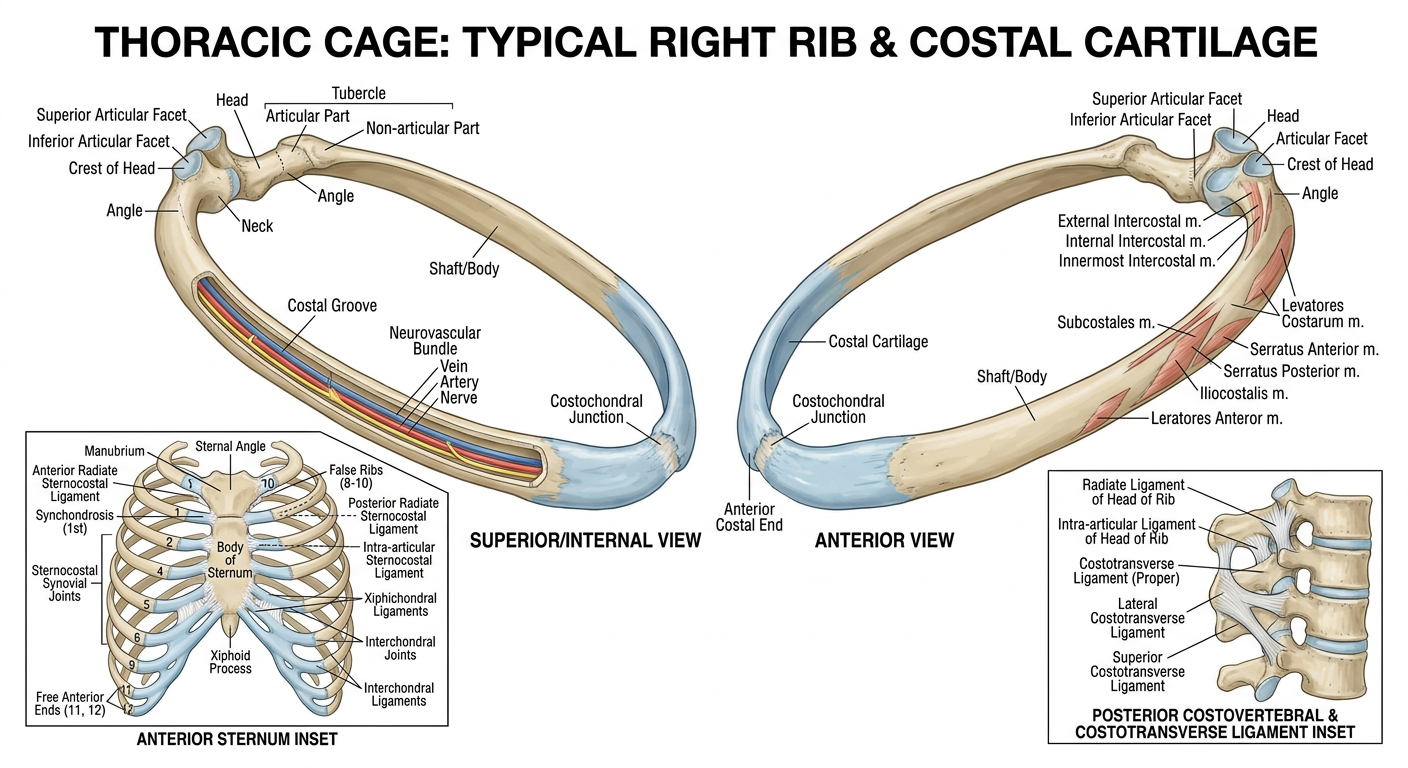Typical rib with costal cartilage, sternocostal and interchondral joints, ligaments, muscle attachment regions, and posterior vertebral articulations