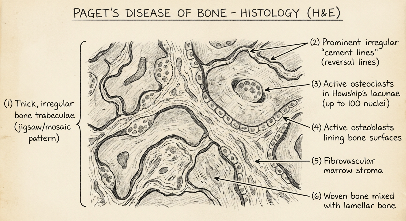 Labeled H&E diagram of Paget's disease for BDS exam - mosaic pattern, cement lines, giant osteoclasts, osteoblasts, fibrovascular marrow