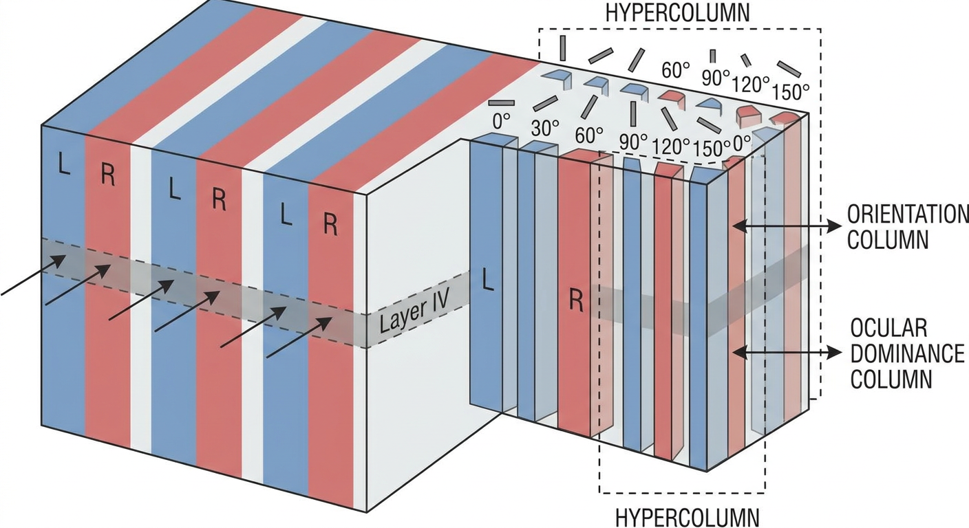 Cortical hypercolumns showing orientation columns and ocular dominance columns in V1 (Hubel and Wiesel)
