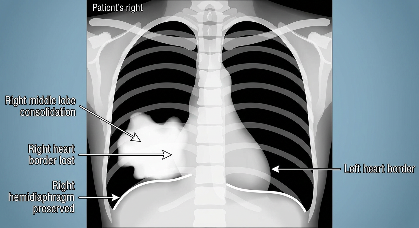 Labeled chest X-ray diagram of the silhouette sign