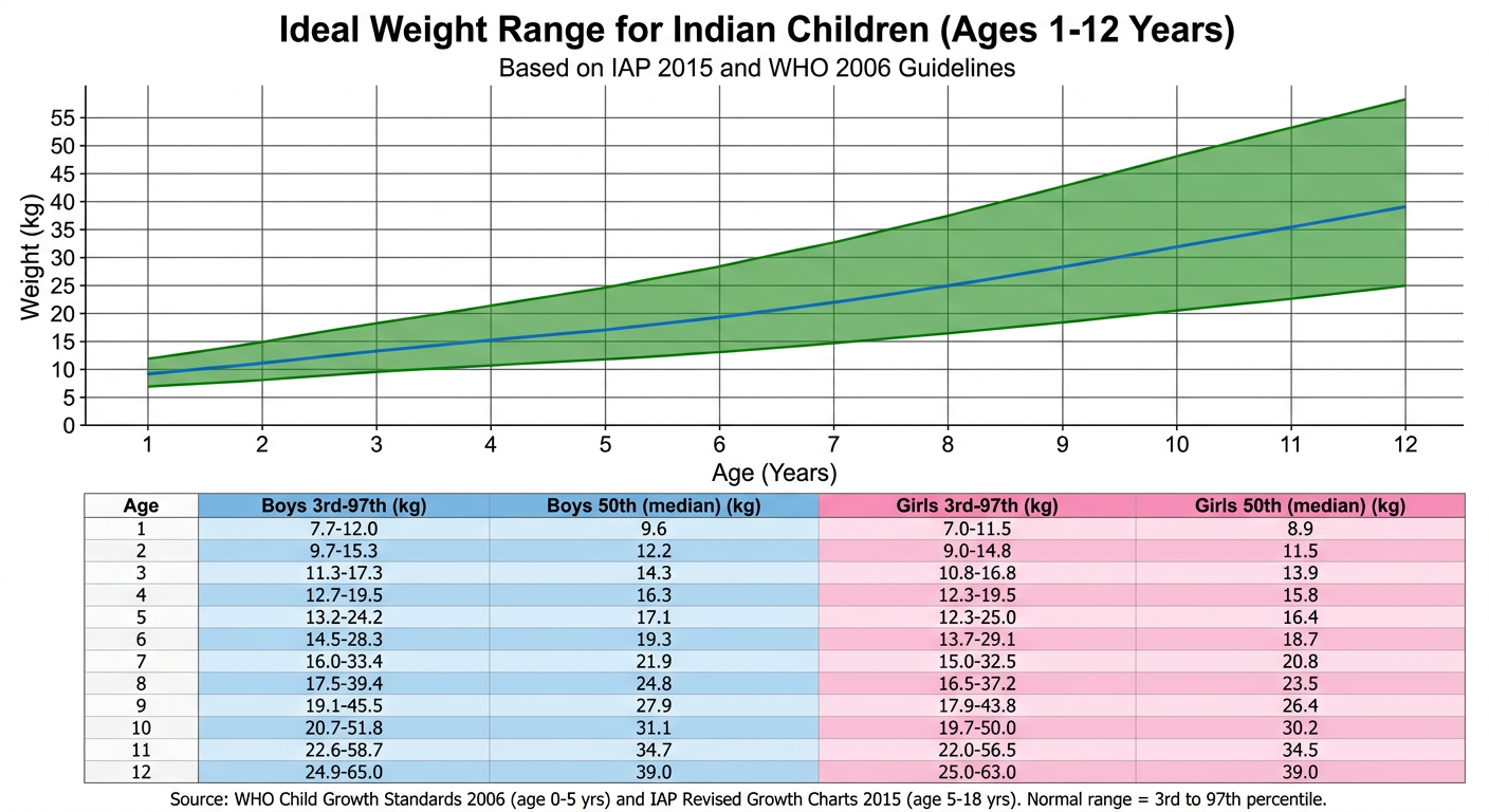 Ideal Weight Range for Indian Children (Ages 1-12 Years)