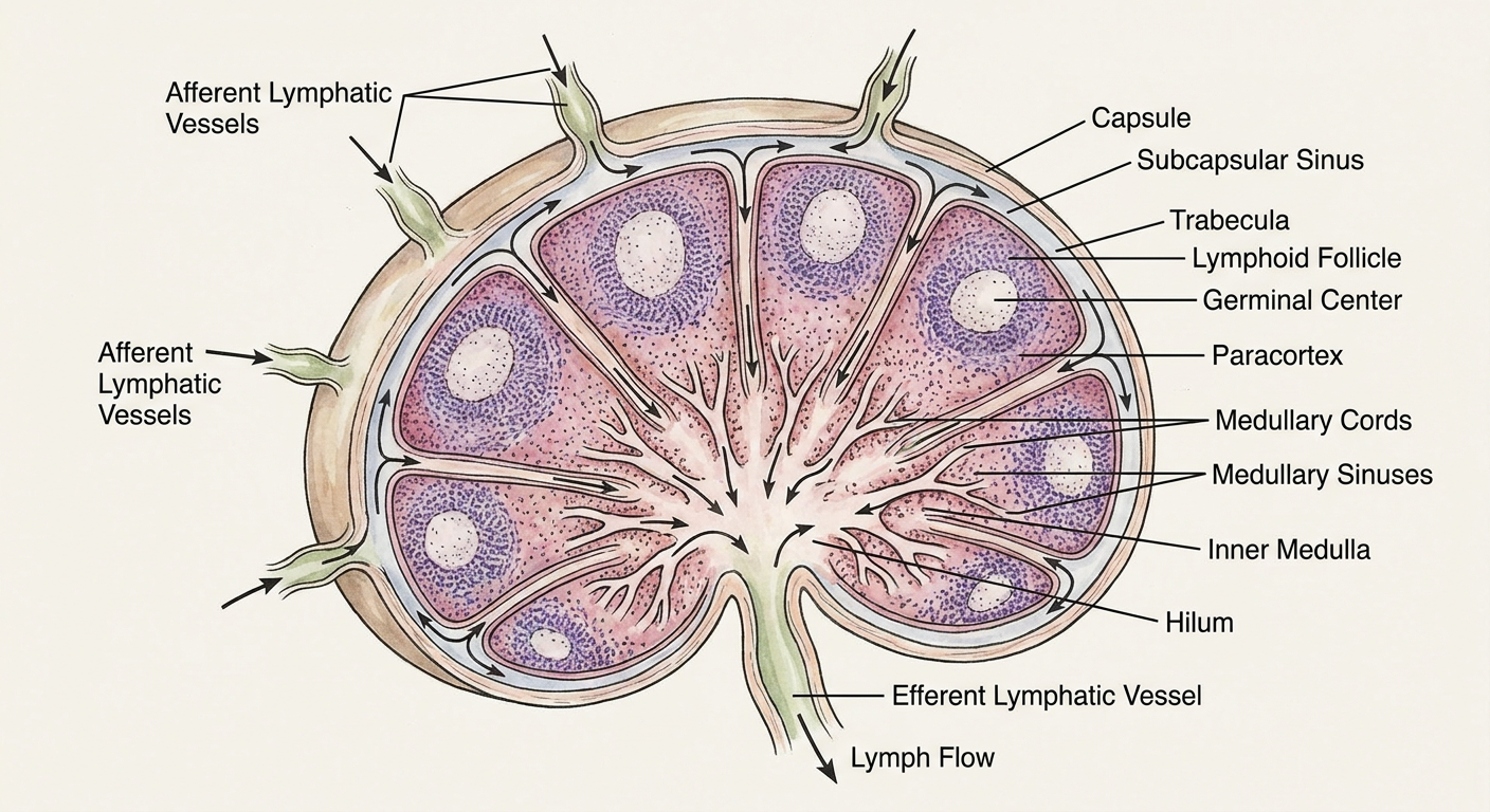 Labeled lymph node histology diagram