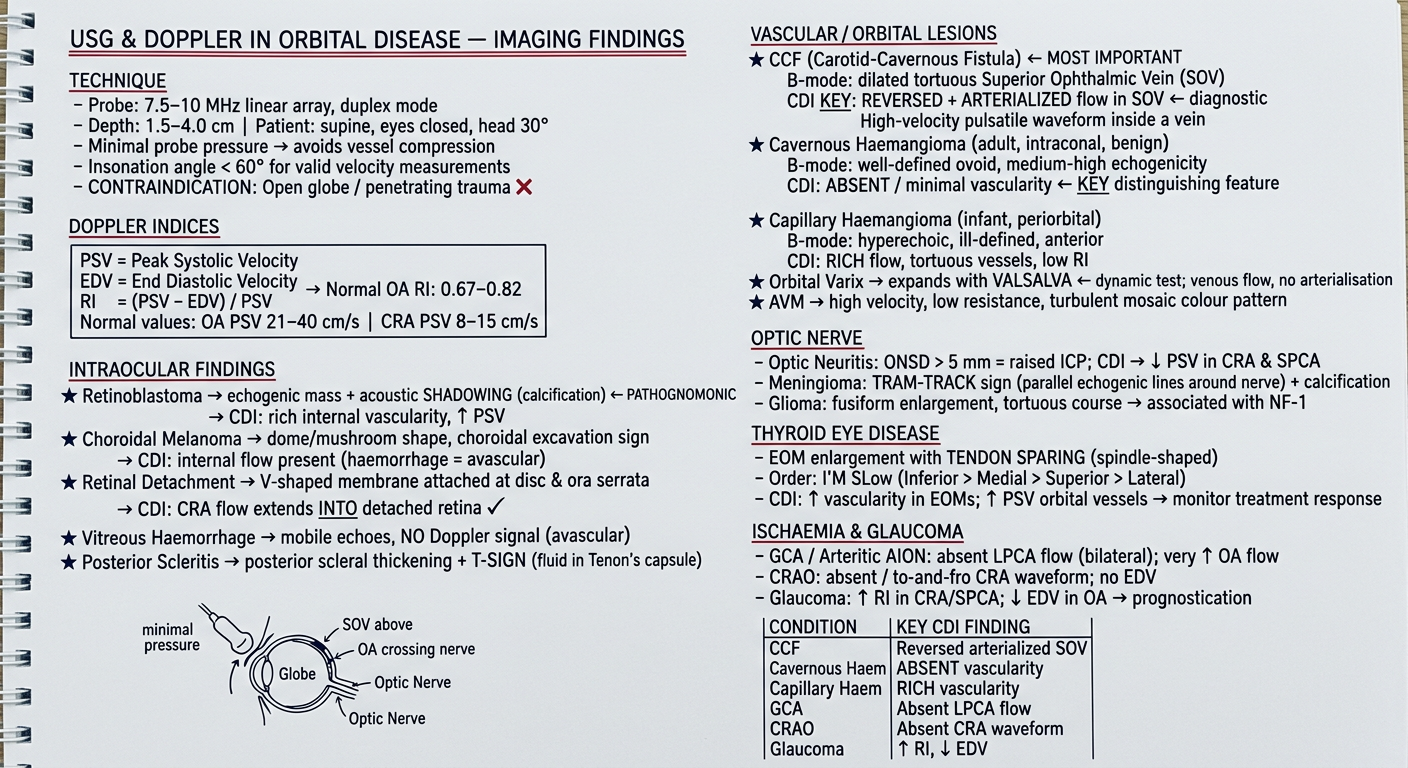 Handwritten notes flat view - USG & Doppler Orbital Imaging Findings