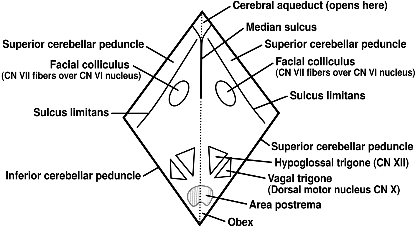 Clean line drawing of the floor of the fourth ventricle (rhomboid fossa) viewed from above, labeled with median sulcus, facial colliculus, sulcus limitans, hypoglossal trigone, vagal trigone, area postrema, obex and cerebellar peduncles