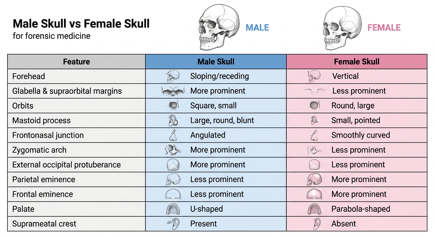 Male vs Female Skull with diagrams in every cell
