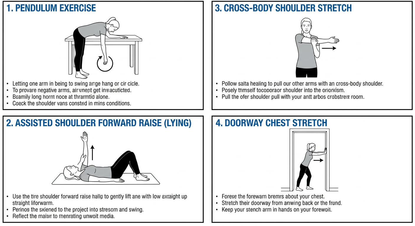 Pendulum, assisted arm raise, cross-body stretch, and doorway chest stretch