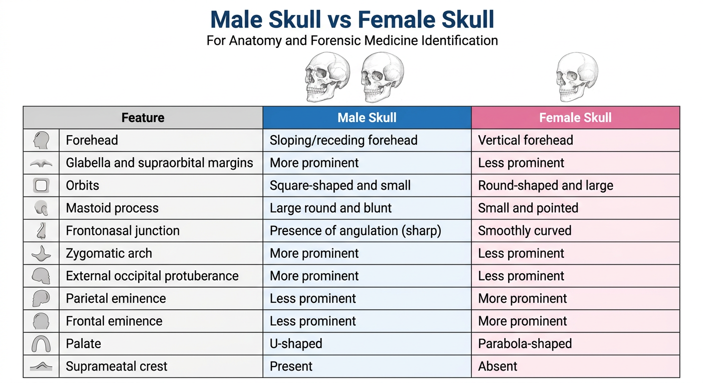 Male vs Female Skull comparison with mini diagrams