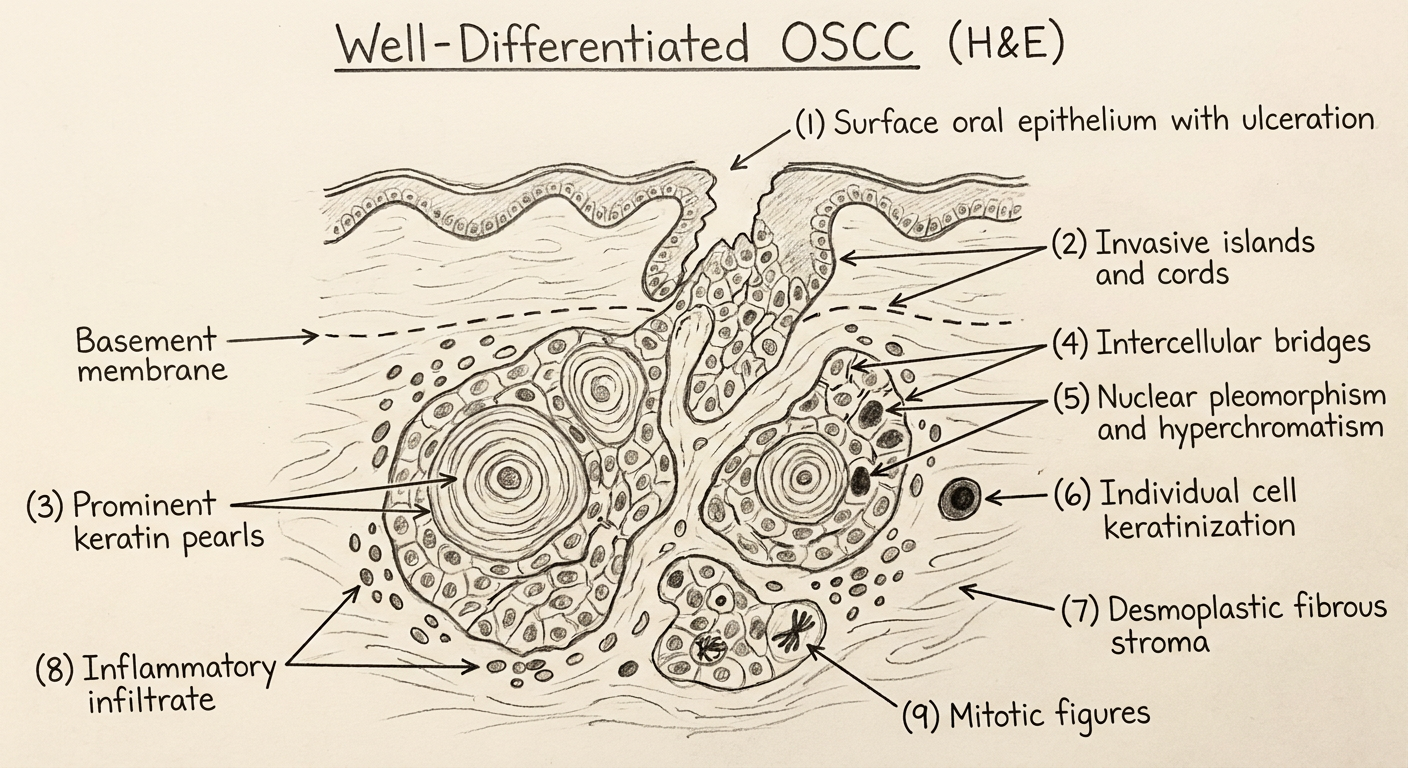 Labeled H&E diagram of well-differentiated OSCC for BDS exam