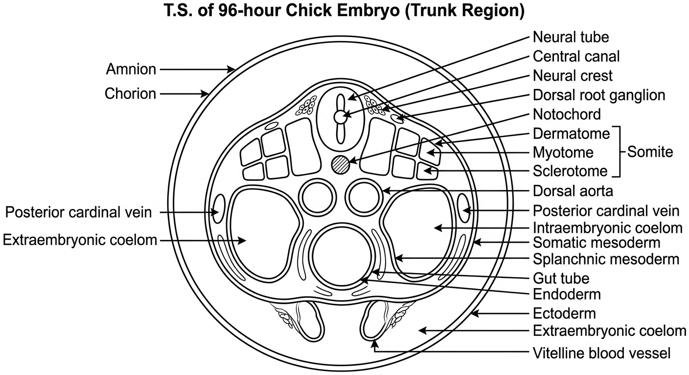 Fully labelled exam diagram of transverse section of 96-hour chick embryo