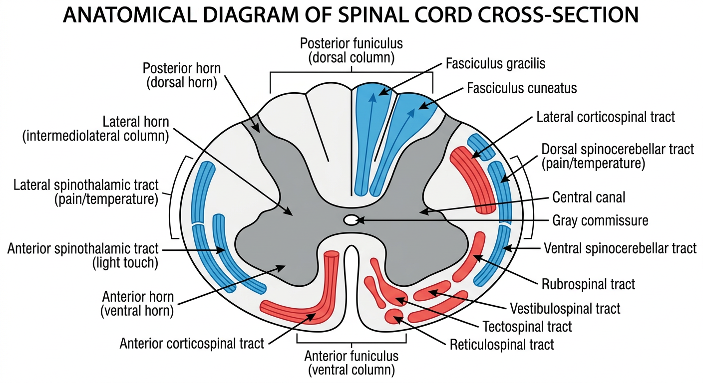 Labelled spinal cord cross-section diagram with all major ascending and descending fiber tracts, gray matter horns, and funiculi