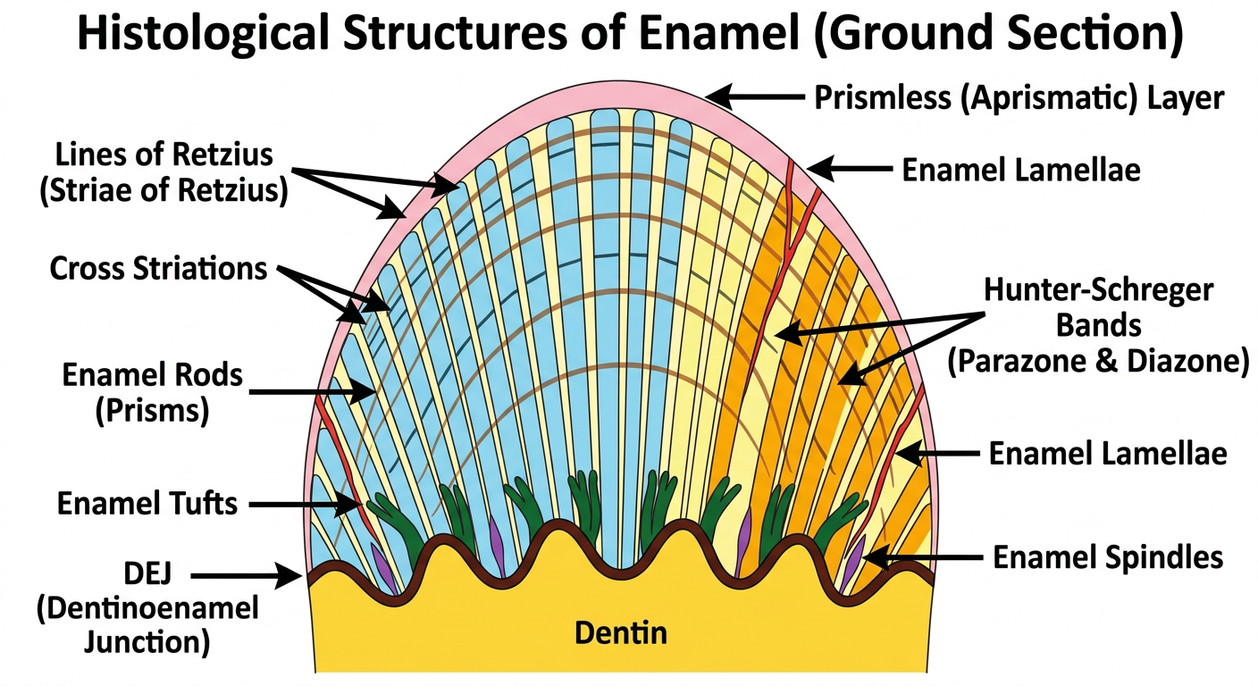 Histological Structures of Enamel - Colored Diagram