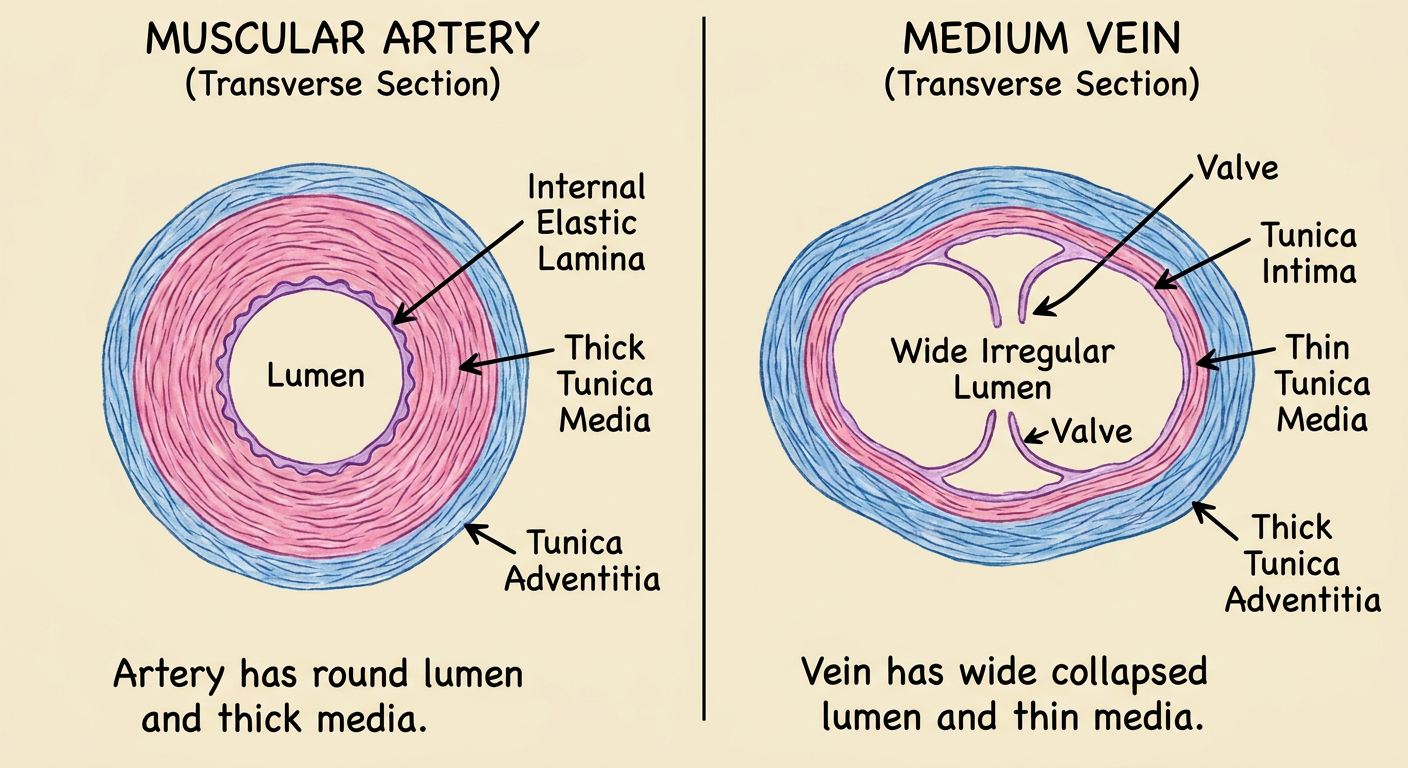 Artery versus vein histology diagram
