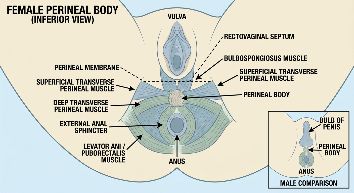 Labeled anatomy of the female perineal body