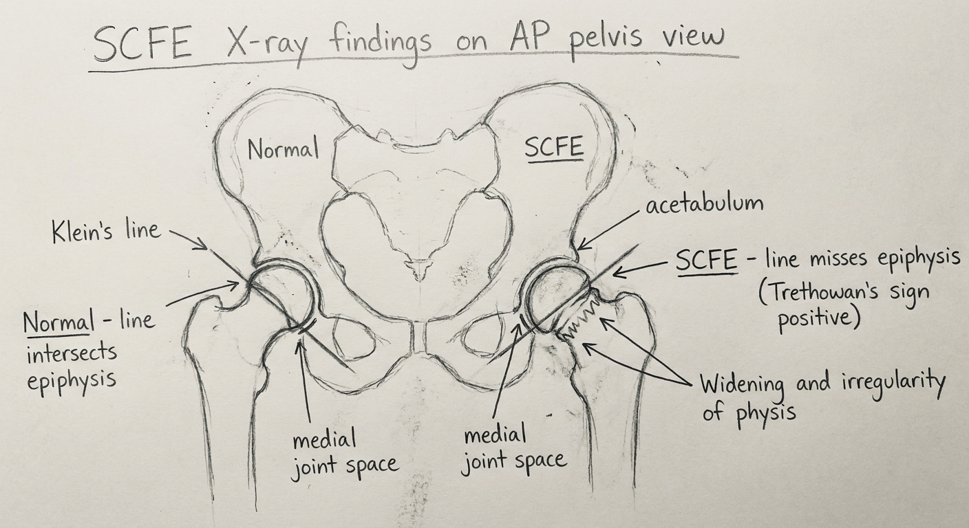 Klein's Line showing SCFE on AP pelvis X-ray