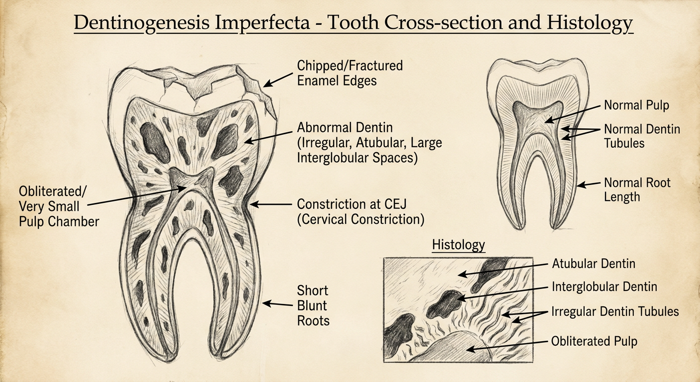 BDS exam diagram - DGI cross-section and histology showing obliterated pulp, short roots, atubular dentin, irregular DEJ