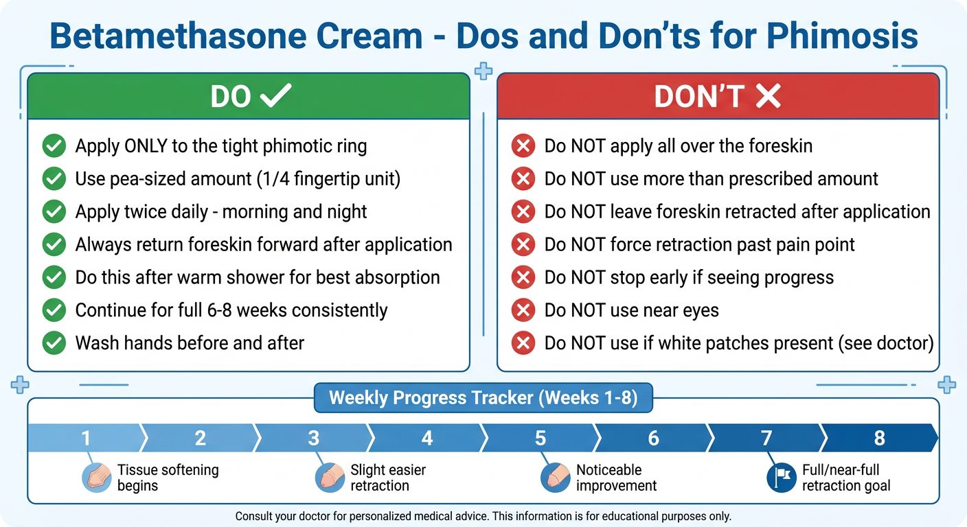 Betamethasone cream dos and don'ts reference card with 8-week progress milestones
