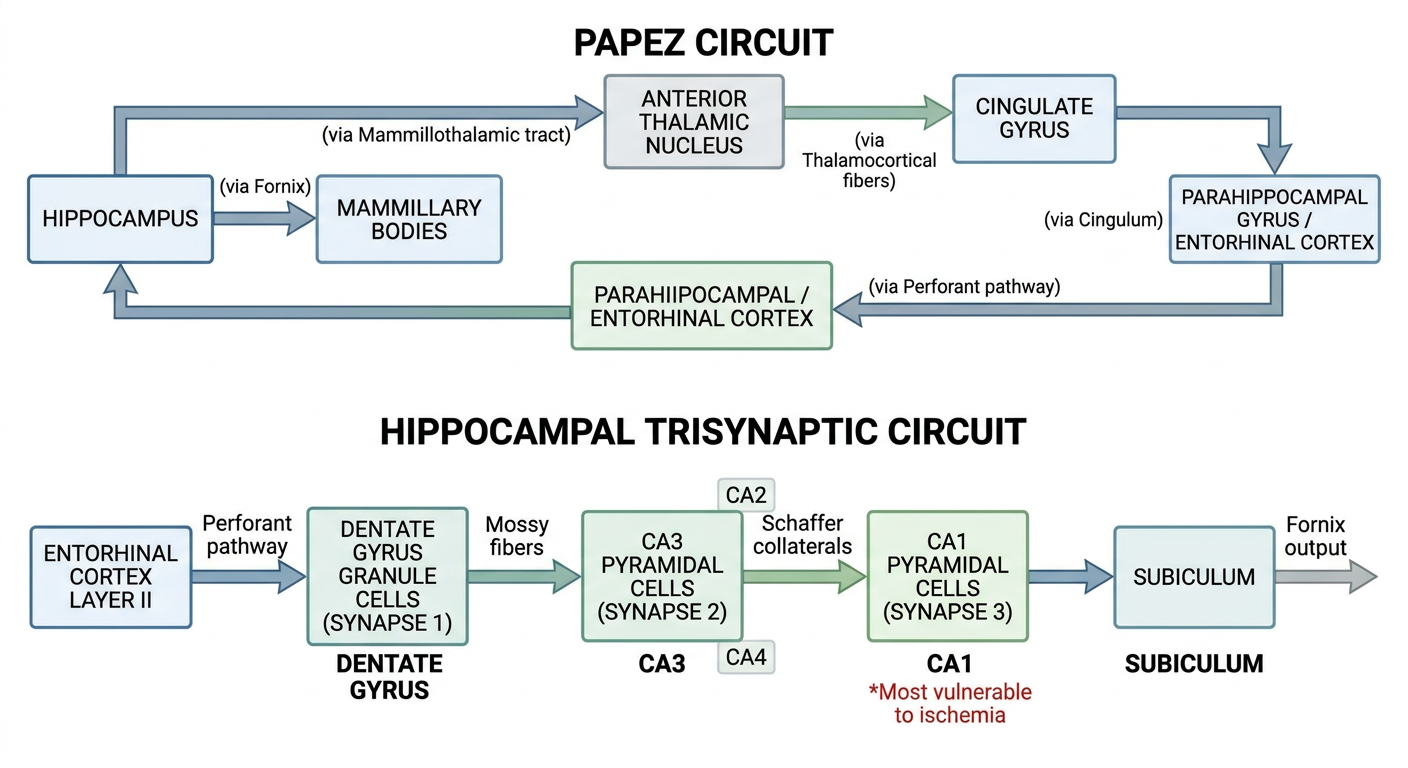 Papez circuit and hippocampal trisynaptic circuit — showing the complete memory circuit from hippocampus through mammillary bodies, anterior thalamus, and cingulate gyrus