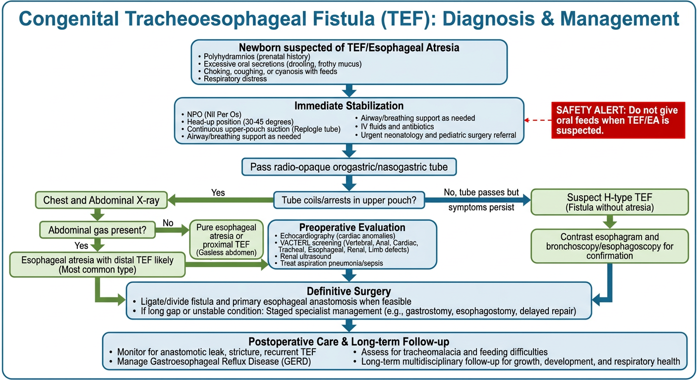 Congenital tracheoesophageal fistula diagnosis and management flowchart