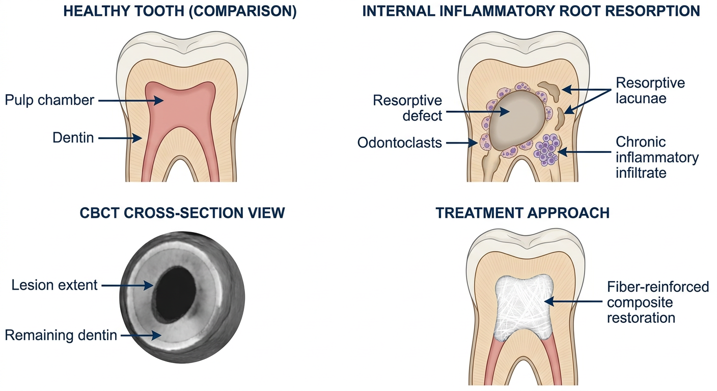 Diagram of internal inflammatory root resorption showing cross-sectioned tooth with resorptive defect, odontoclast cells, CBCT view, and fiber-reinforced composite treatment