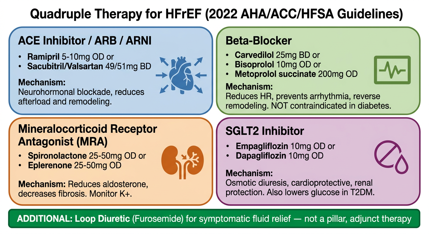 Four Pillars of Heart Failure Treatment - Quadruple Therapy Diagram