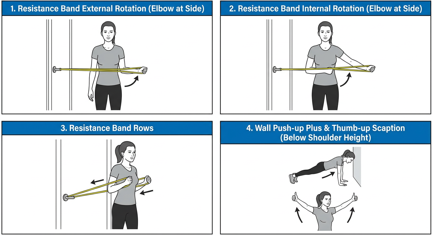 Band external and internal rotation, rows, wall push-up plus, and scaption