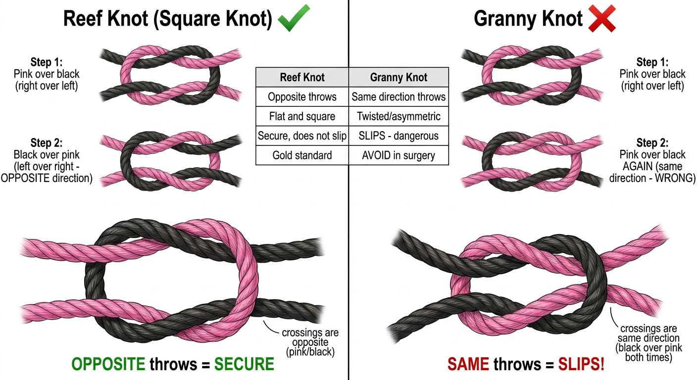 Reef Knot vs Granny Knot - Correct Medical Illustration