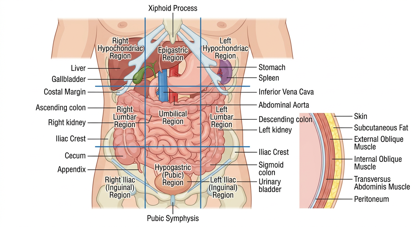Detailed abdomen anatomy diagram with organs, regions, and abdominal wall layers