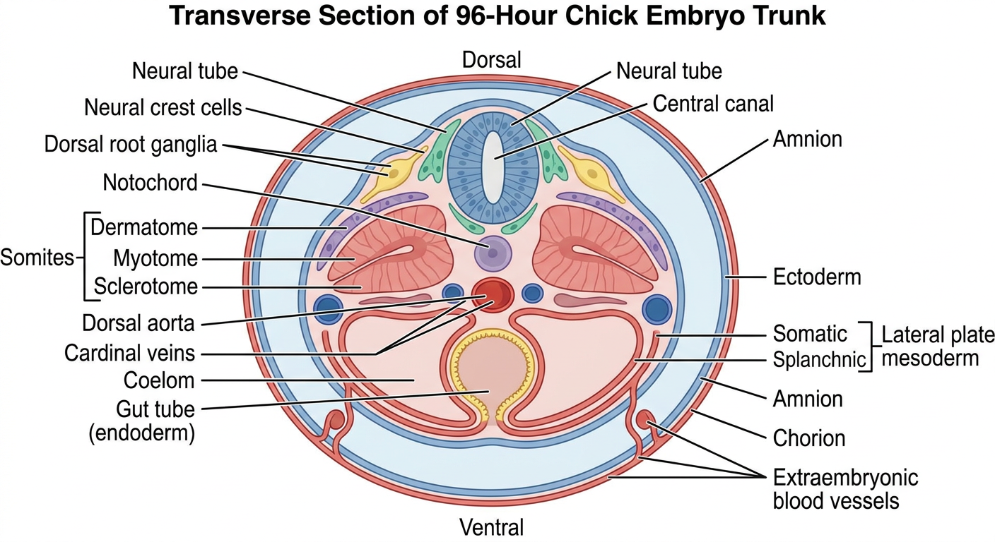 96-hour chick embryo transverse section, labelled histological diagram