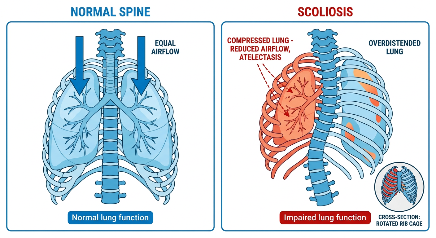 Scoliosis and lung compression diagram