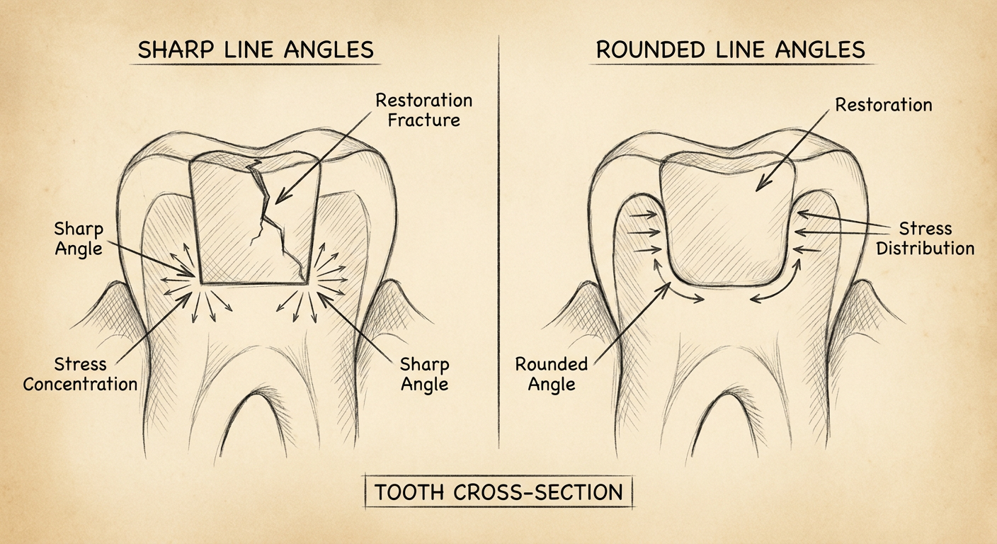 Rounded vs sharp internal angles - stress distribution comparison diagram