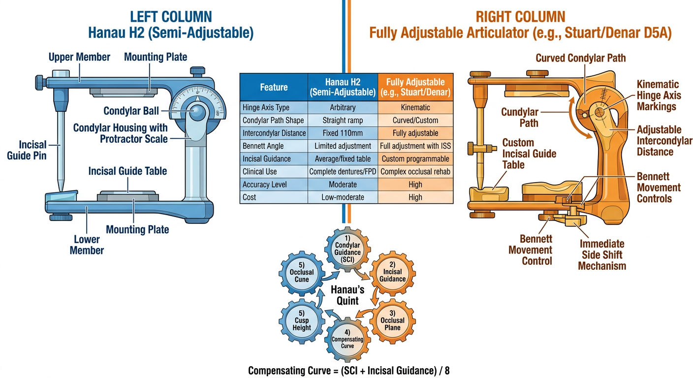 Hanau H2 vs Fully Adjustable Articulator Comparison Diagram