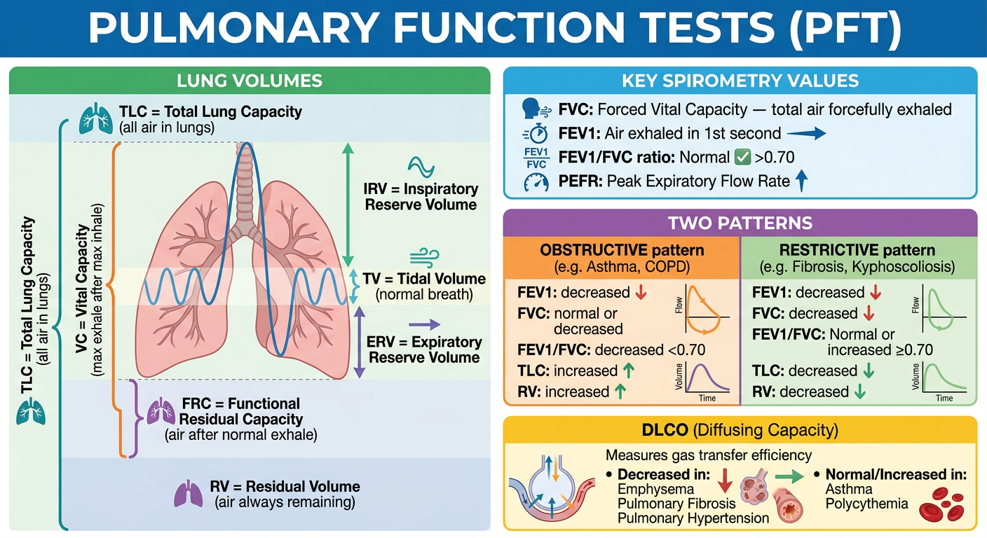 PFT Notes Card 1 β Lung Volumes, Spirometry Values, Obstructive vs Restrictive