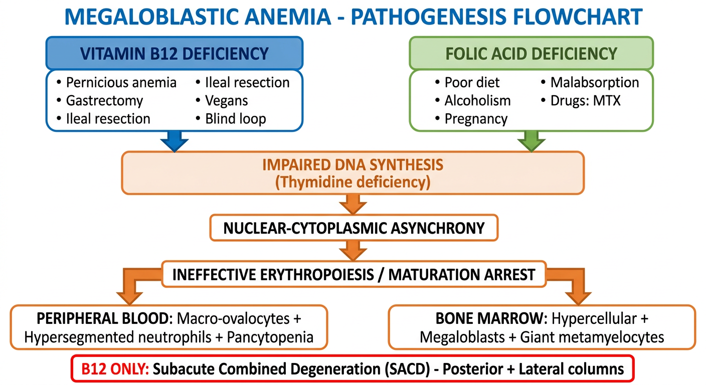Megaloblastic Anemia Pathogenesis Flowchart - B12 and Folate pathways converging to impaired DNA synthesis
