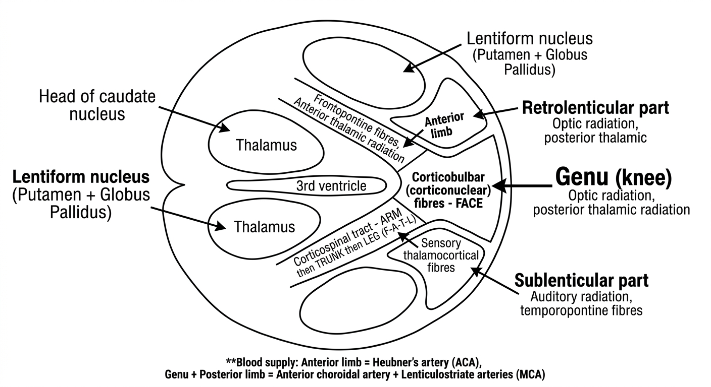 Clean labeled line drawing of the internal capsule in horizontal section showing all 5 parts - anterior limb, genu, posterior limb, retrolenticular and sublenticular - with fiber contents and surrounding structures