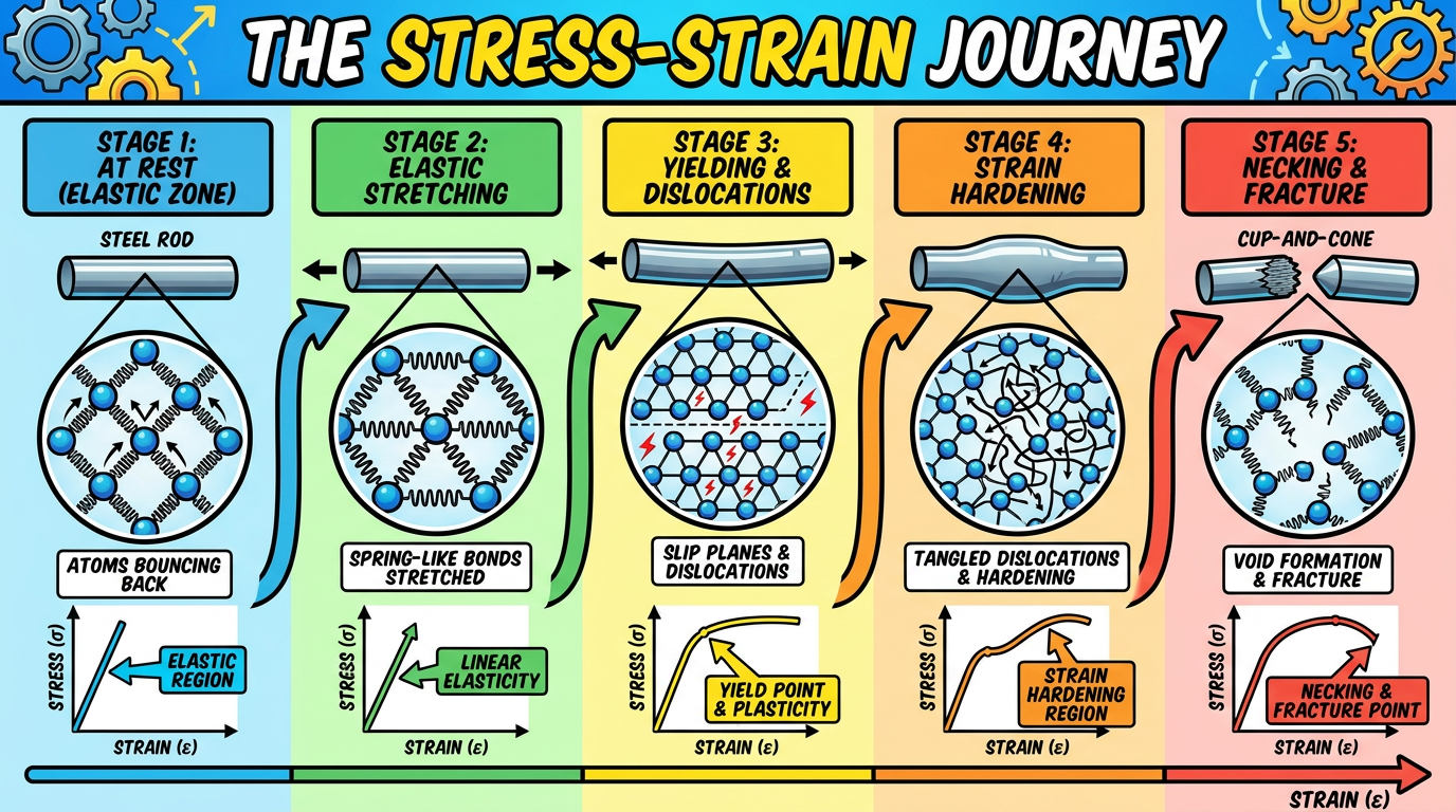 Stress-Strain Journey — Stage by Stage