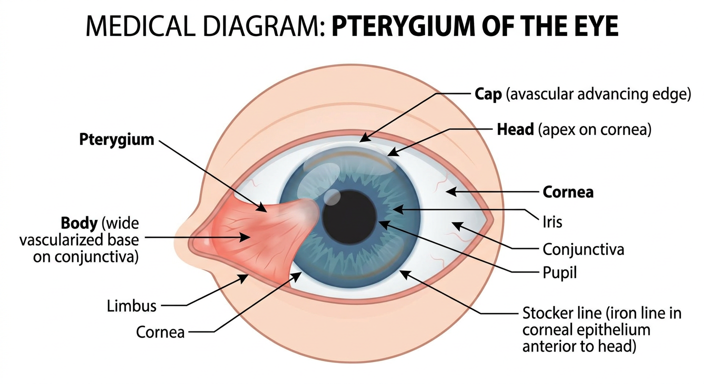 Pterygium diagram showing cap, head, body, Stocker line, limbus, cornea, conjunctiva