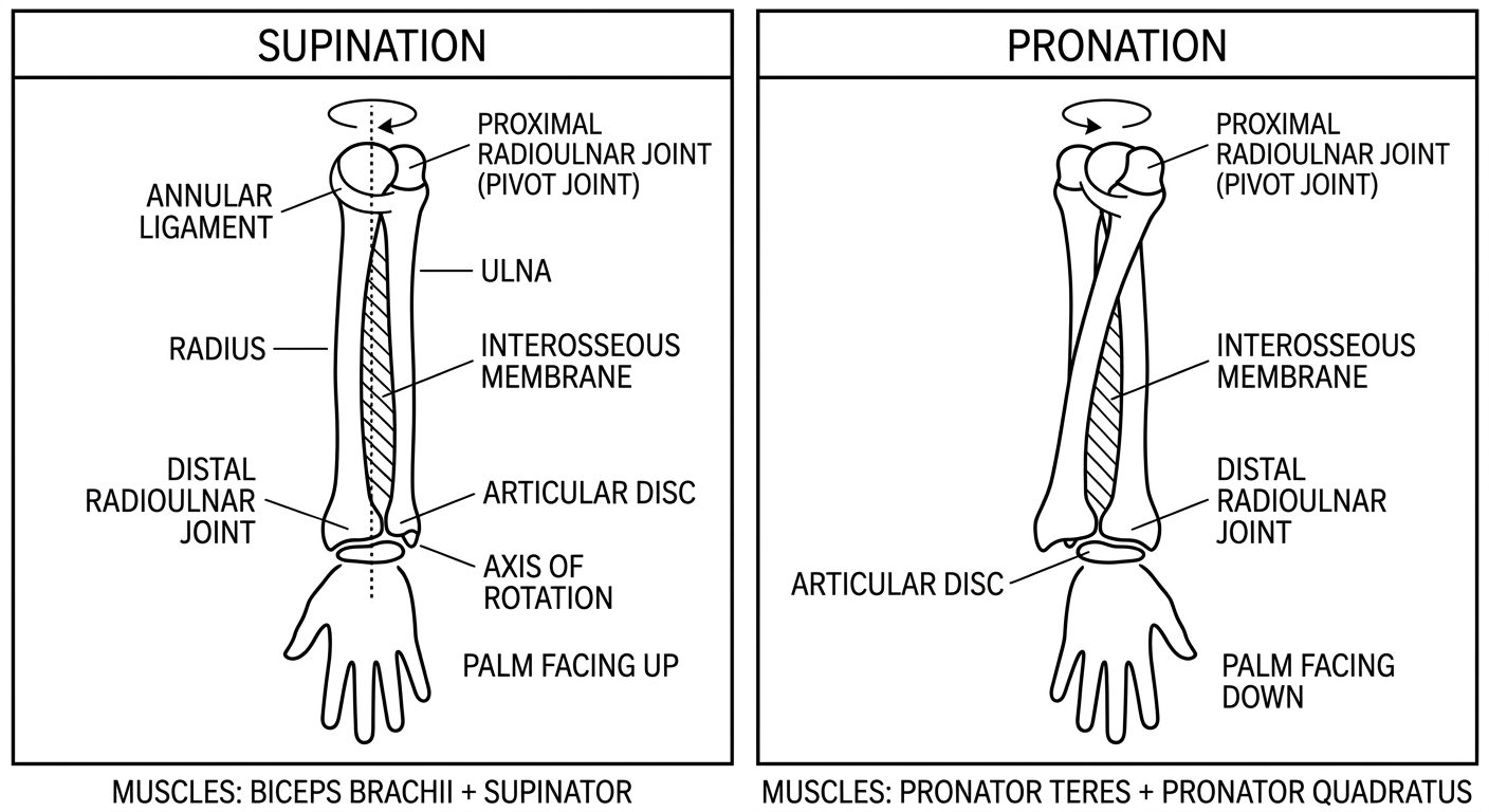 Simple diagram showing supination (radius and ulna parallel) vs pronation (radius crosses over ulna) with interosseous membrane and labeled joints