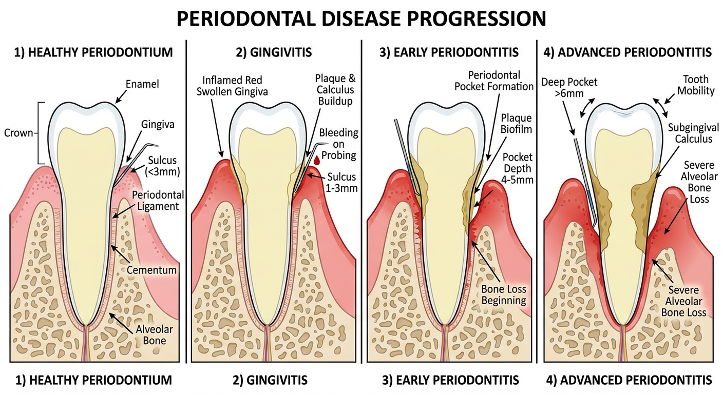 Periodontal disease progression - 4 stages from healthy to advanced periodontitis