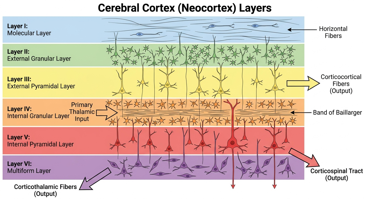 6 Layers of the Cerebral Cortex — cell types, inputs, and outputs of each layer