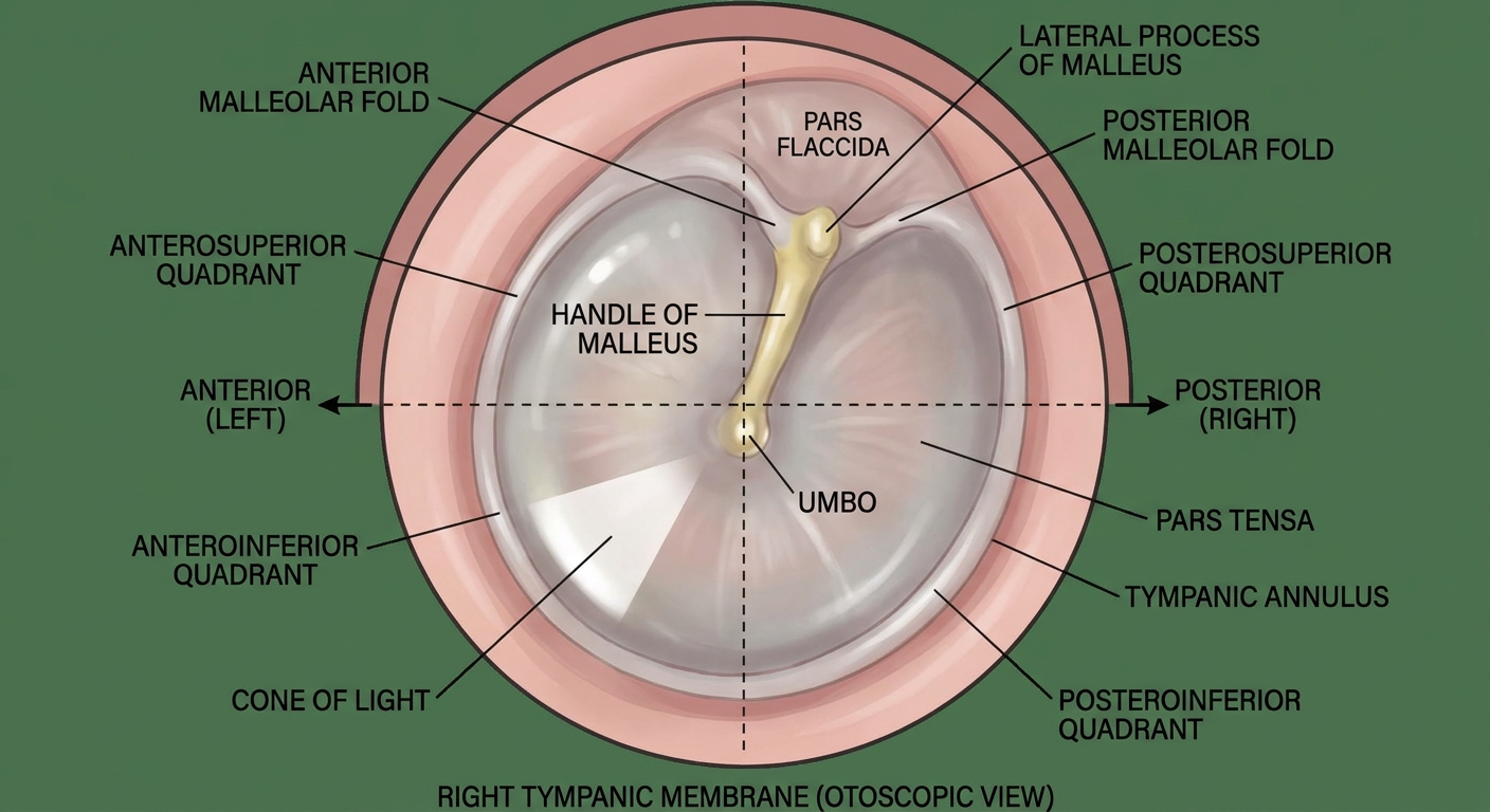 Labeled diagram of the right tympanic membrane (eardrum)