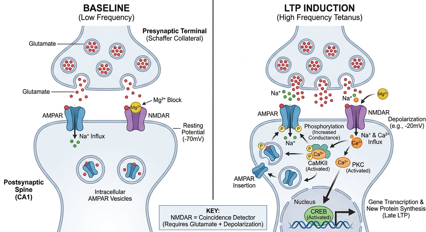 LTP molecular mechanism — NMDA receptor as coincidence detector, Ca²⁺ influx, CaMKII activation, AMPA receptor insertion, and CREB-dependent late LTP