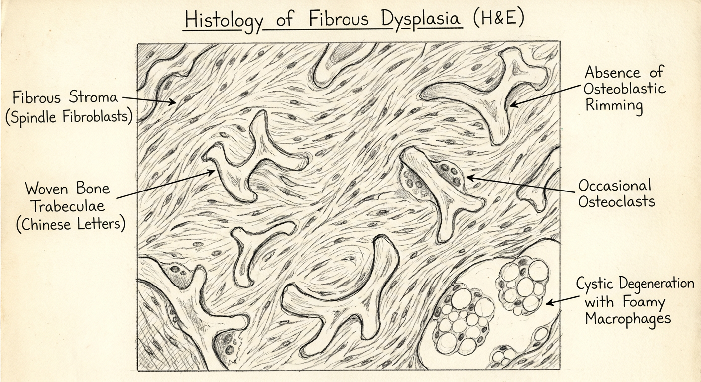 Labeled pencil diagram of Fibrous Dysplasia histology for BDS exam