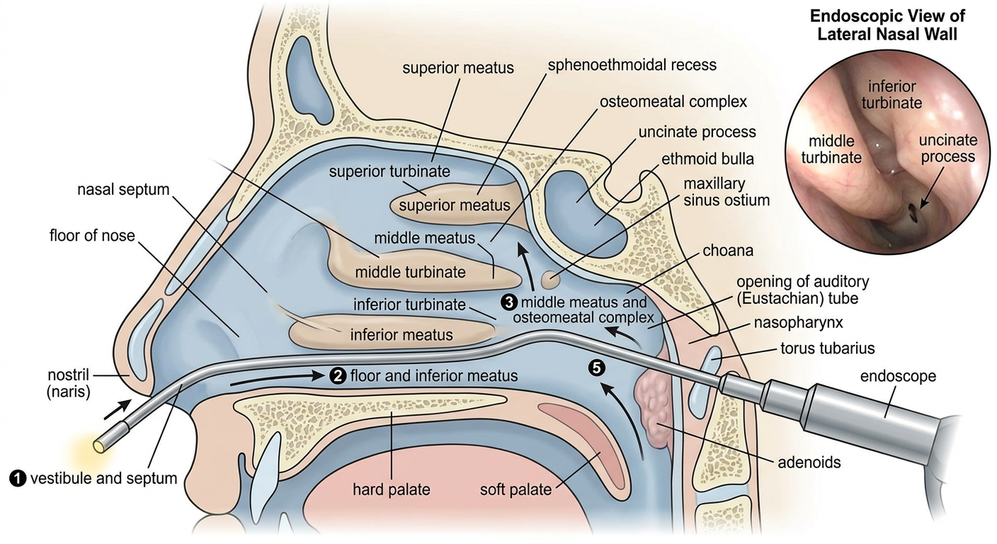 Labeled direct nasal endoscopy anatomy and systematic examination route